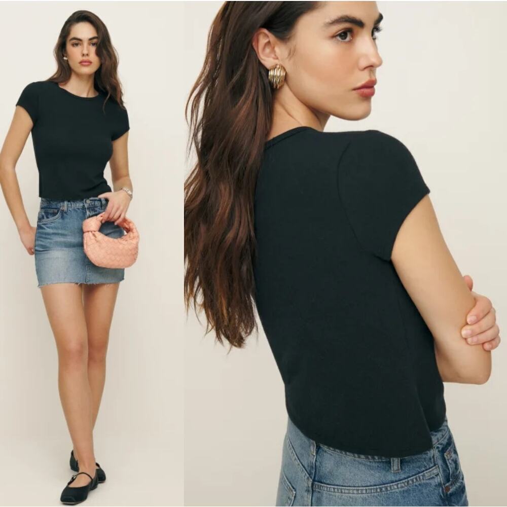 Reformation Jeans Black Organic Cotton Crew Neck Short Sleeve Knit Top Women's S